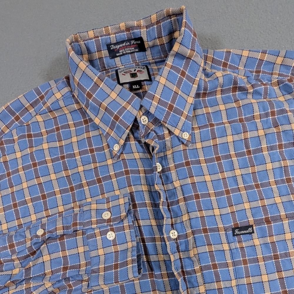 Faconnable‎ Plaid Button Down Shirt Mens XXL Blue Long Sleeve